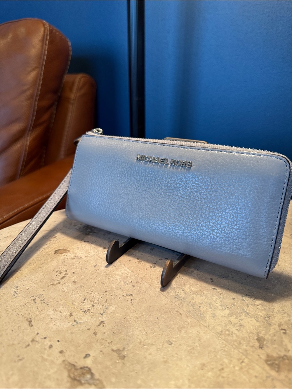 Michael Kors Light Gray Pebbled Leather Wristlet